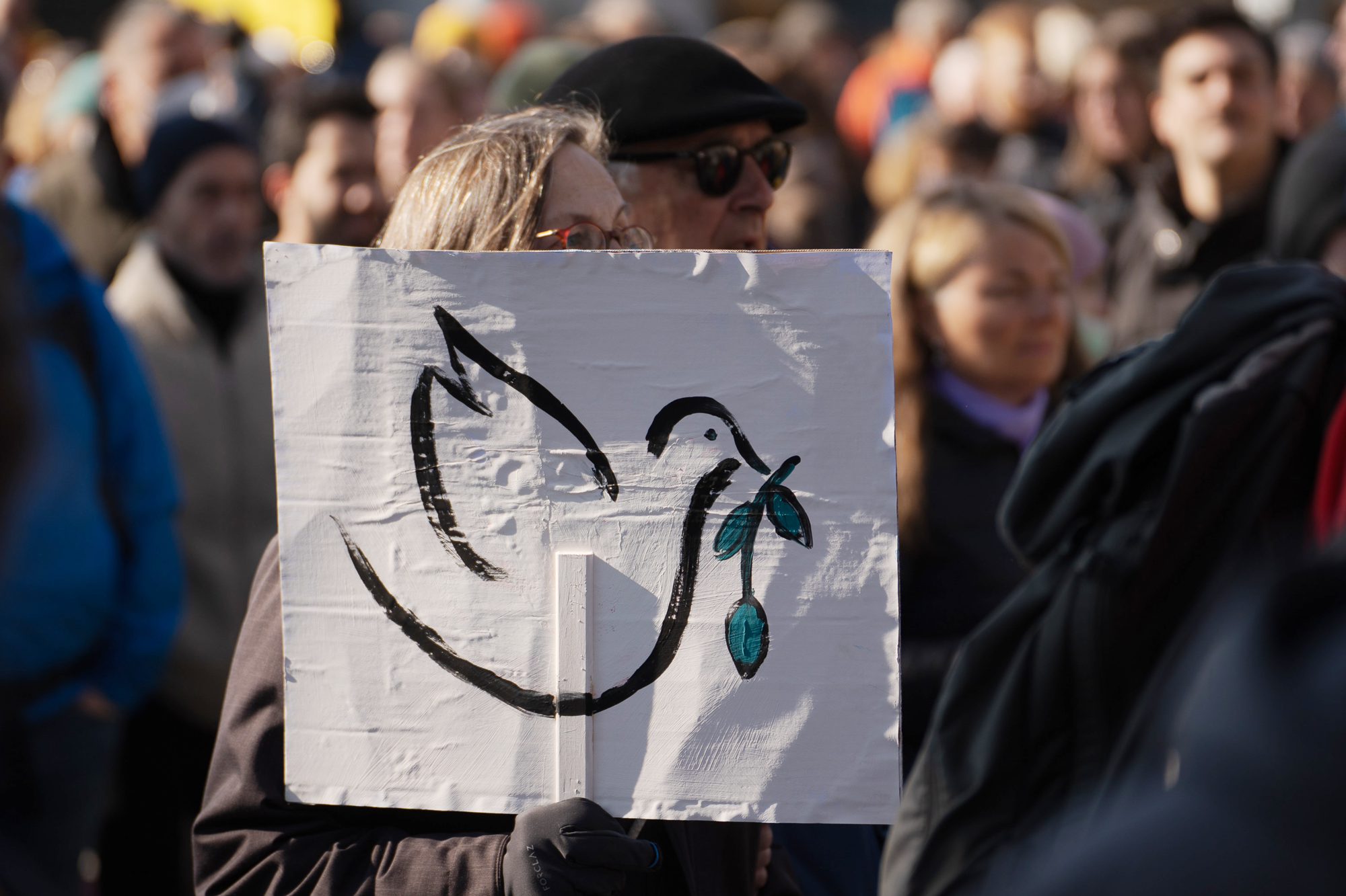 Femme lors d'une manifestation avec une colombe de la paix auto-dessinée sur un panneau