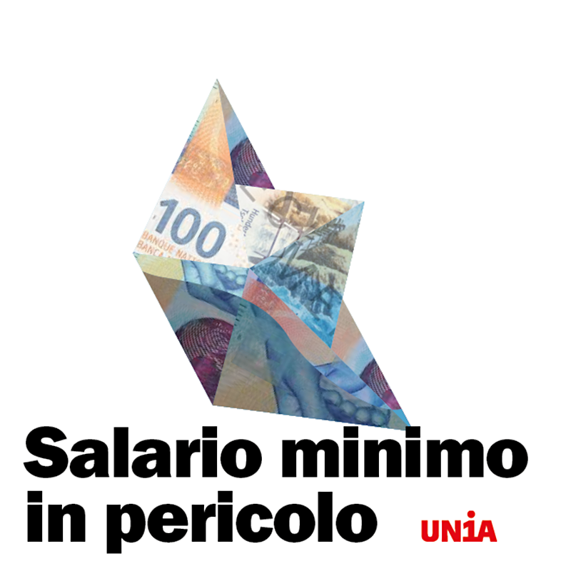 Banconota da 100 franchi piegata a barchetta di carta, sopra la scritta «Salario minimo in pericolo».