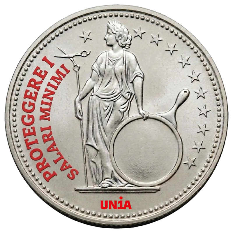 Moneta d’argento con l’Helvetia: la sua lancia ha delle forbici come punta e si appoggia a una padella al posto dello scudo. Scritta rossa: «Proteggere i salari minimi».
