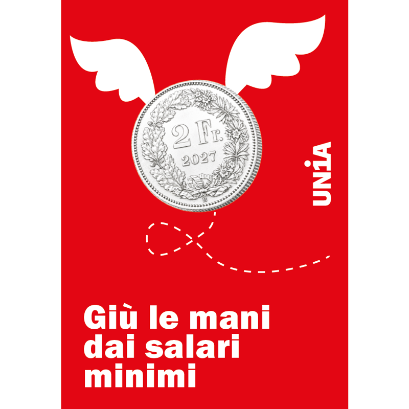 Una moneta da 2 franchi del 2027 vola via con ali bianche, una linea tratteggiata ne segue il volo. Sfondo rosso, testo: «Giù le mani dai salari minimi».