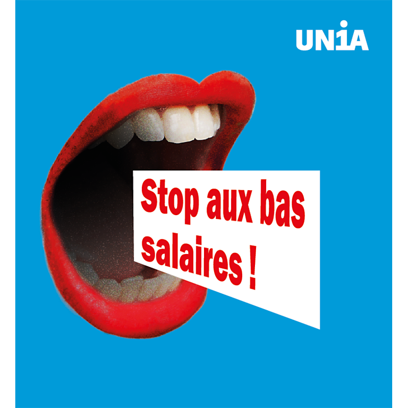 Bouche grande ouverte aux lèvres rouges sur fond bleu, qui crie «Stop aux bas salaires!».