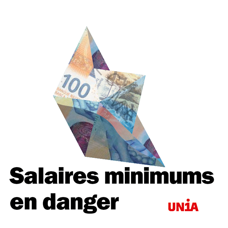 Billet de 100 francs plié en bateau de papier, au-dessus du texte «Salaires minimums en danger».