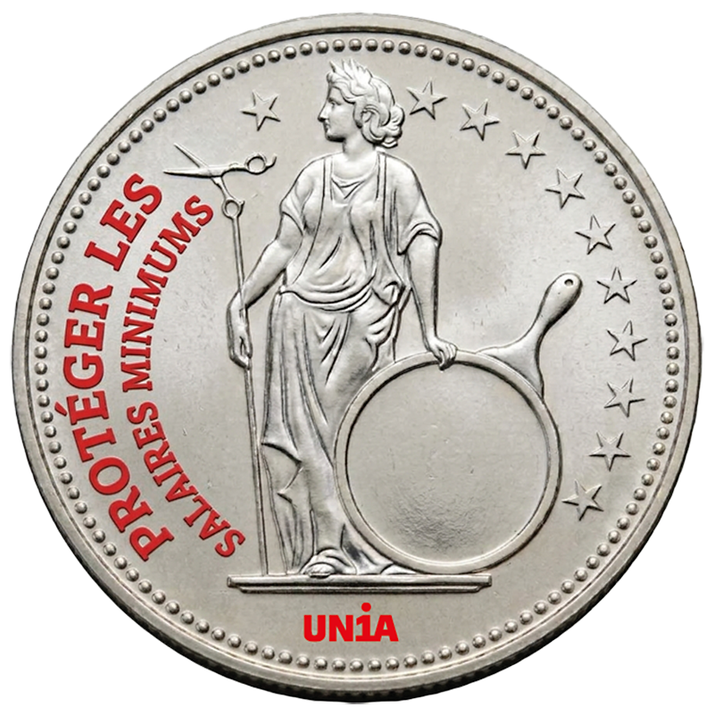 Pièce d’argent à l’effigie d’Helvetia: sa lance porte des ciseaux en guise de pointe et elle s’appuie sur une poêle au lieu de son bouclier. Inscription rouge: «Protéger les salaires minimums».