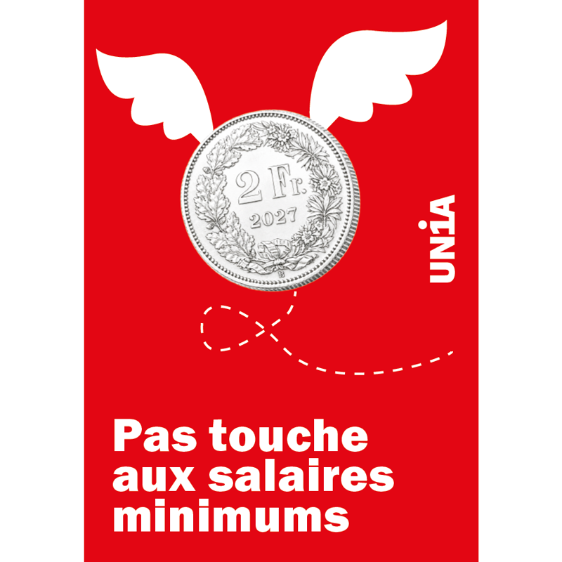 Une pièce de 2 francs millésime 2027 s’envole avec des ailes blanches, une ligne pointillée trace son vol. Fond rouge, texte: «Pas touche aux salaires minimums».