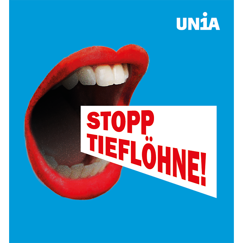Weit aufgerissener Mund mit roten Lippen auf blauem Grund, der «Stopp Tieflöhne!» ruft.