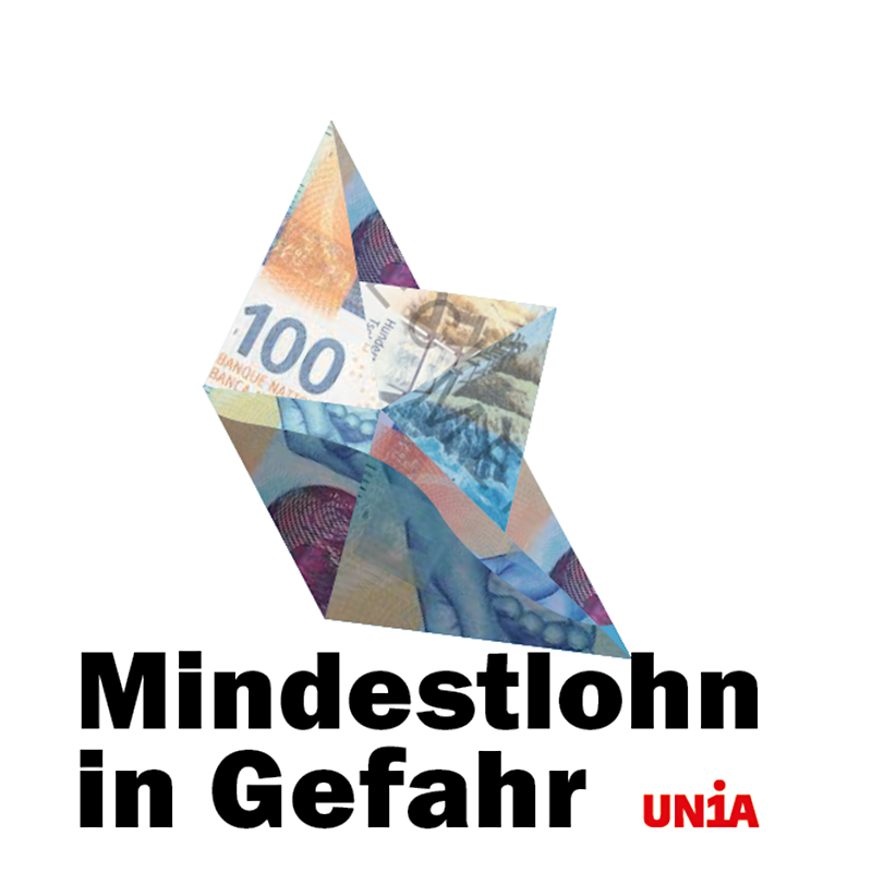 Zu einem Papierschiffchen gefaltete 100-Franken-Note über dem Text «Mindestlohn in Gefahr».