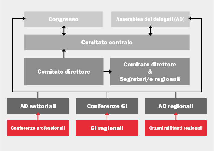L'organigramma di Unia con congresso, assemblea dei delegati, comitato centrale e comitato direttore.